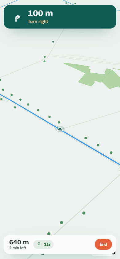 Turn-by-turn navigation on the route, with a Turn right instruction, the tree inventory shown as green dots, and a live counter of trees passed.