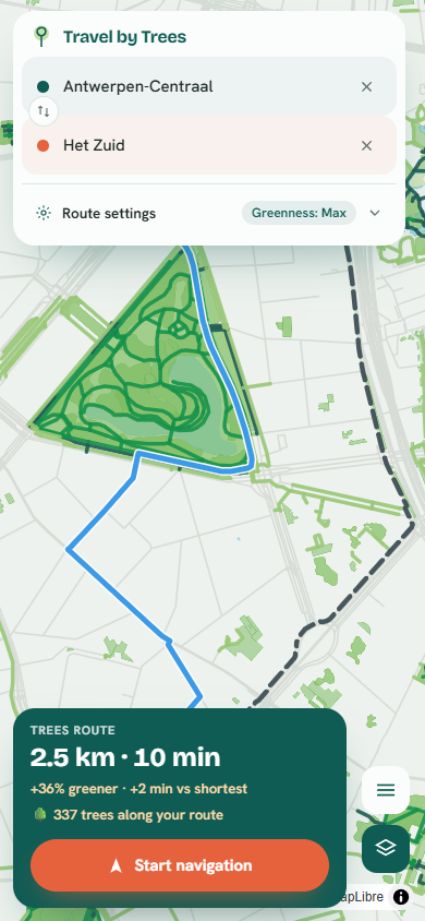 A bike route from Antwerpen-Centraal to Het Zuid curving through Stadspark, with a grey dashed shortest route alongside for comparison.
