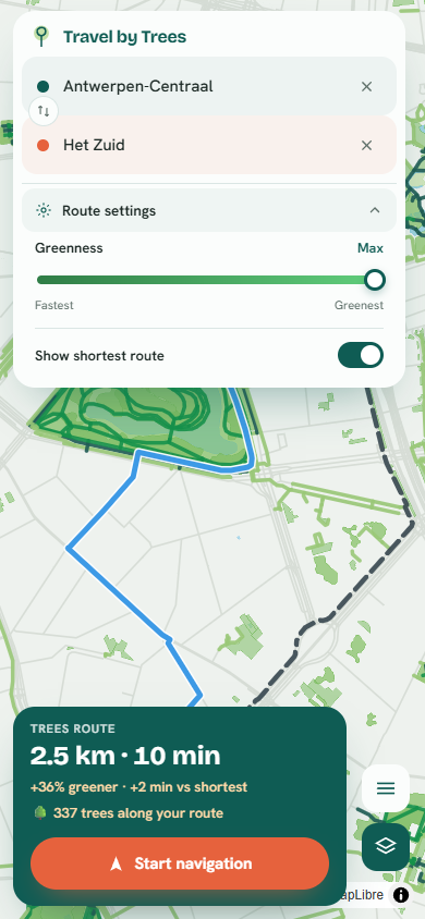 The route settings panel open, showing a Greenness slider running from Fastest to Greenest and a toggle to show the shortest route.